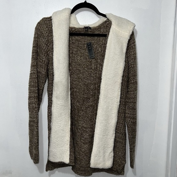 Lety & Me Nola Sherpa Trimm hood Cardigan Brown Small Cozy Warm Earthy Boho Hood - Picture 1 of 7